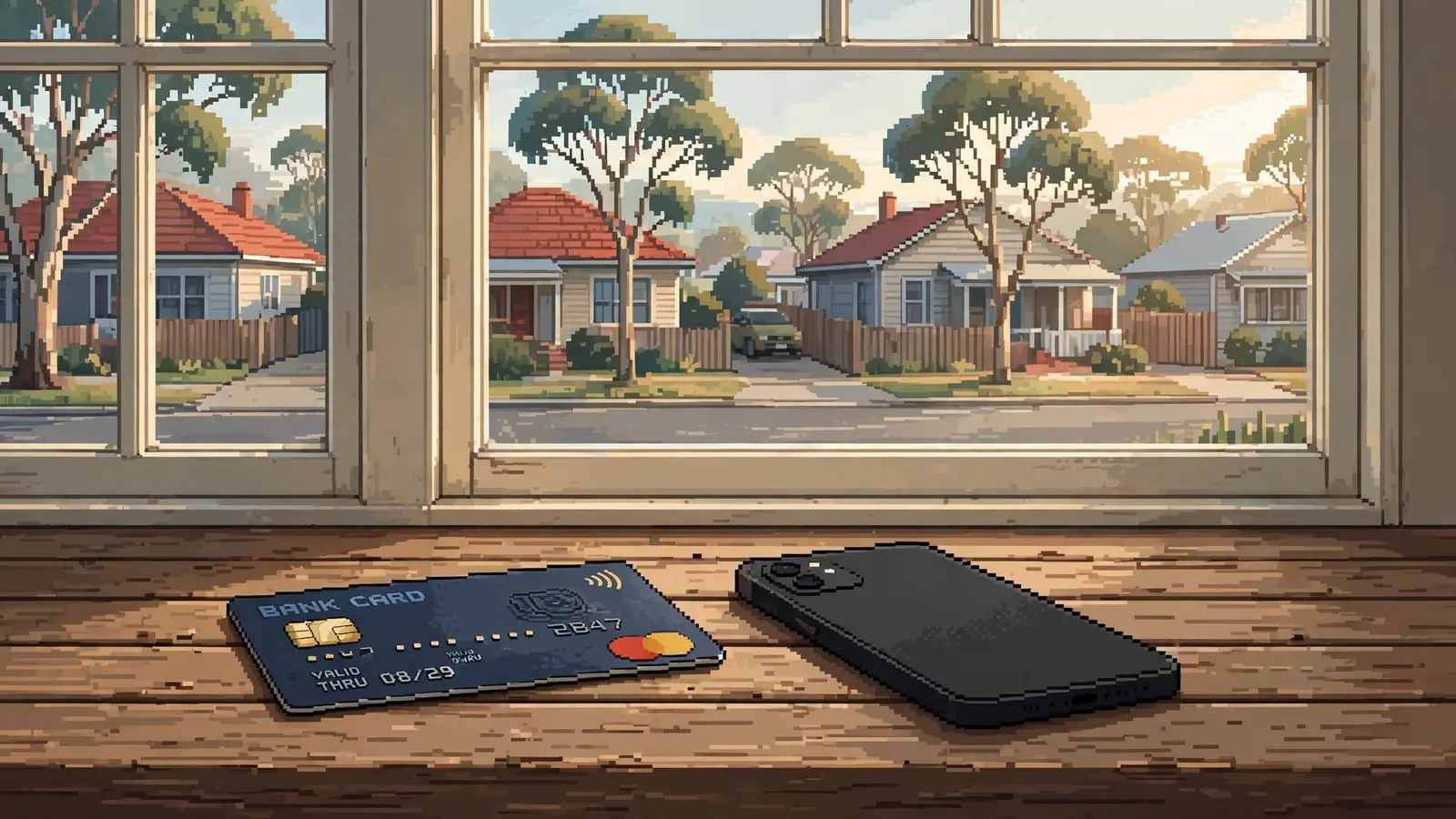 Bank card and switched-off phone on a counter near a sunny window