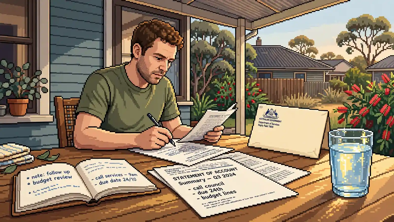 Person reviewing printed pages at a dining table with an official envelope